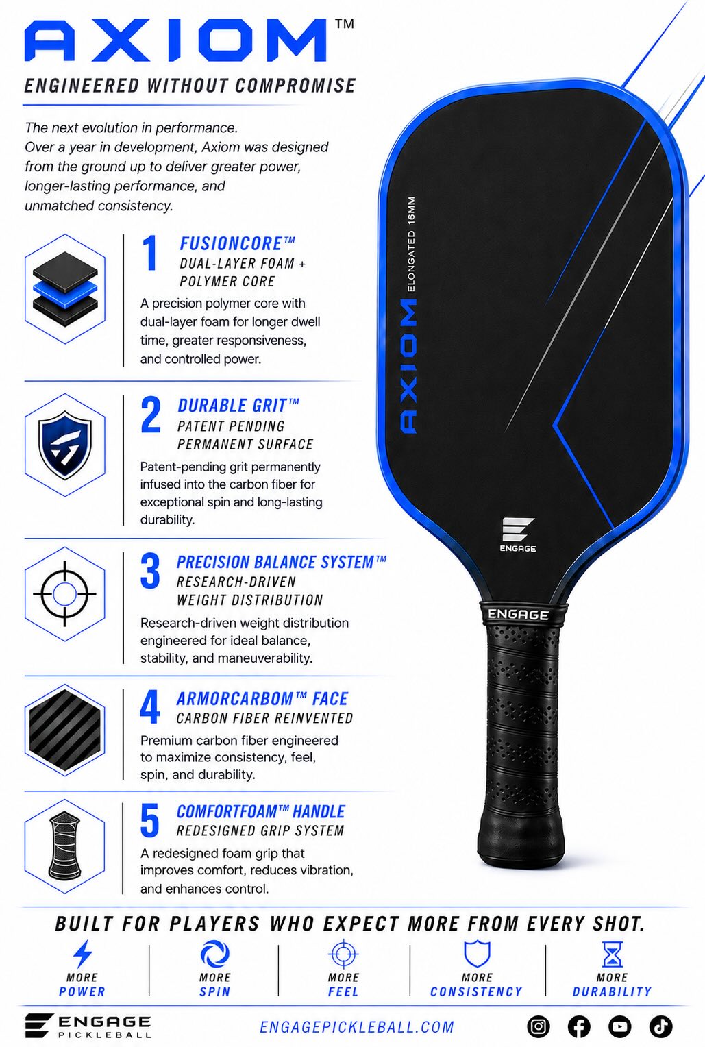 Engage Axiom Elongated Pickleball Paddle | Durable Grit